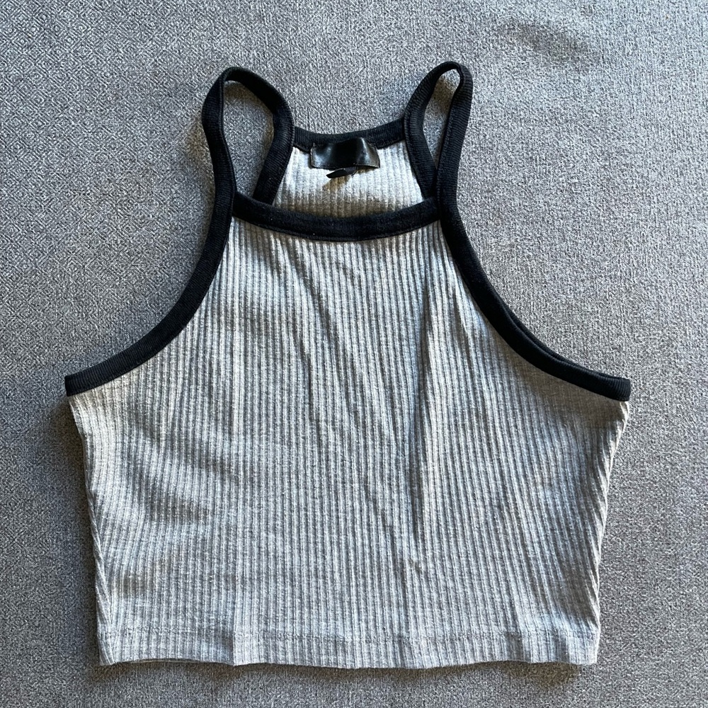 Topshop Gray Ribbed Crop Top with Black Trim